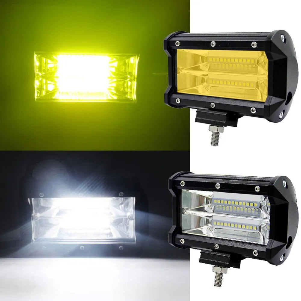 Black 5-inch dual-row LED off-road work light with aluminium alloy housing, shown with mounting bracket.