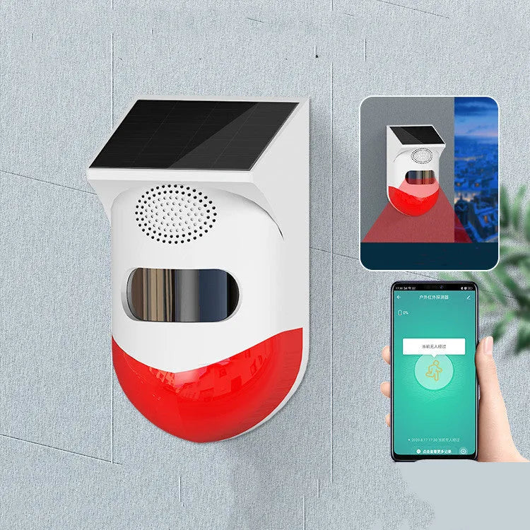 Wireless solar-powered infrared alarm detector with wall mount for outdoor security