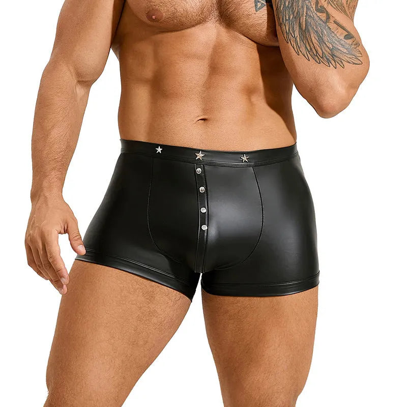 Black PU leather men's boxer shorts with a U-pouch design on a size chart.