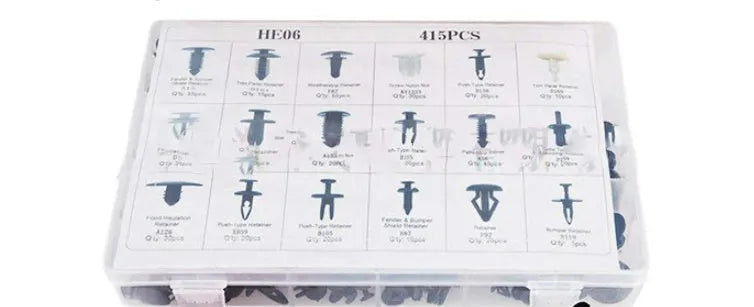 Box of 415 car door lining retaining clips for Ford General models with optional screwdriver and tools