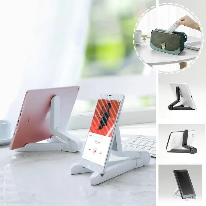Black foldable tablet holder supporting a smartphone in landscape viewing mode on a desk.