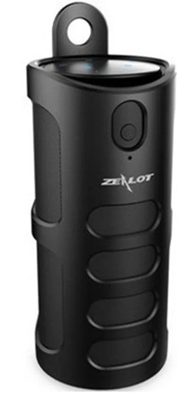 Compact portable Bluetooth speaker in black, blue, or red with control buttons on top.
