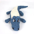 Plush squeaky dog toy in blue with linen fabric, 29cm length, on white background