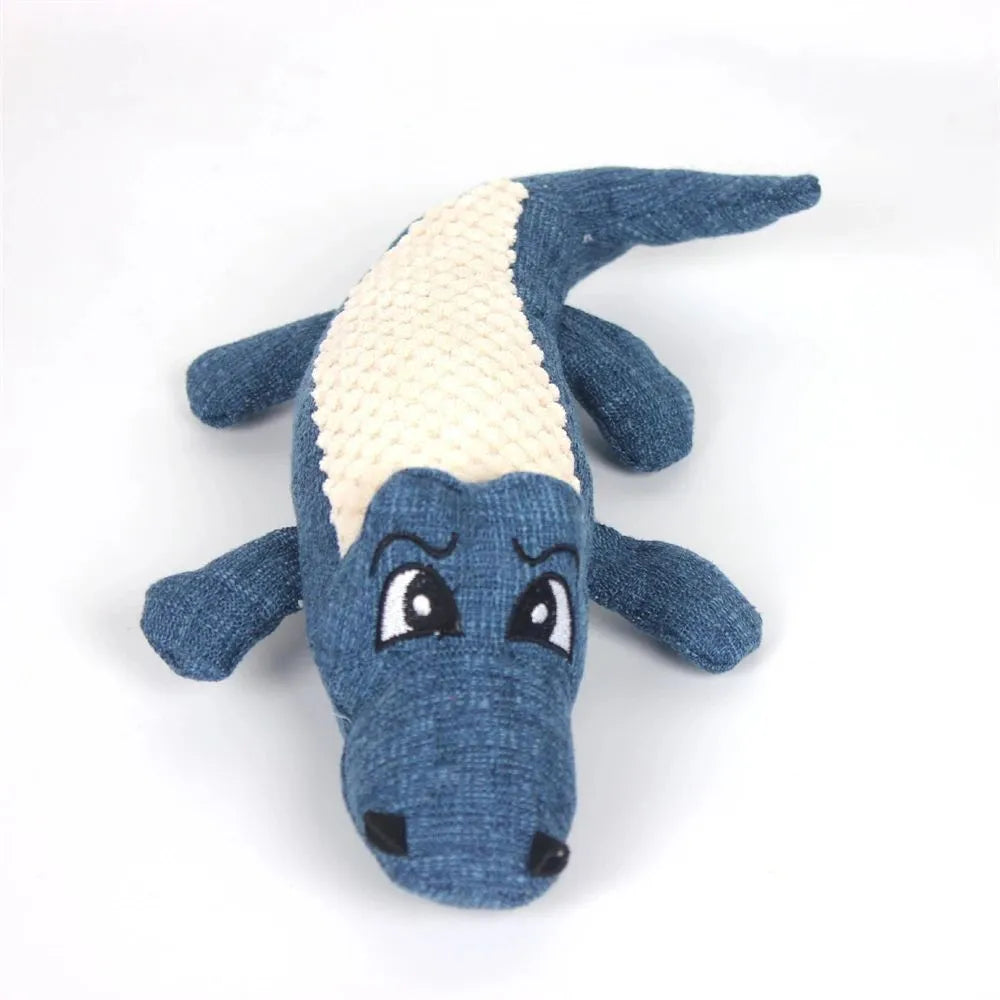Plush squeaky dog toy in blue with linen fabric, 29cm length, on white background