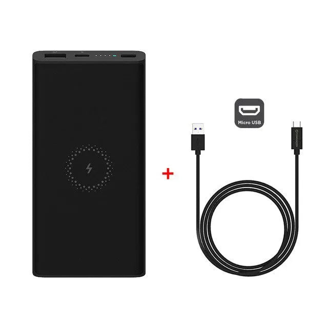 White and Black coloured 10000mAh portable power bank with wireless charging pad and USB ports.