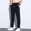 Men's ice silk straight leg high waist trousers in black, dark grey, or light grey, sizes M to 5XL.