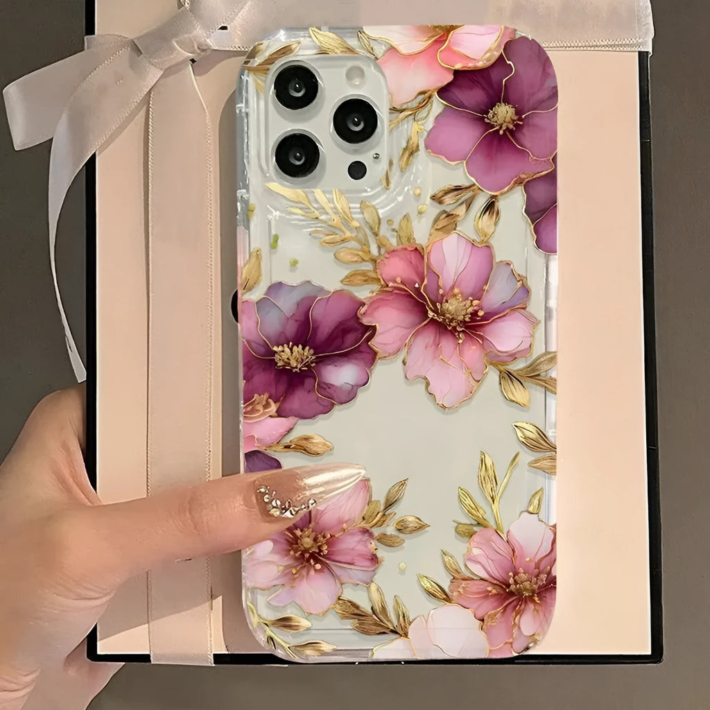 Transparent frosted TPU air spring phone case for Apple 12 Pro Max with pink purple flowers print