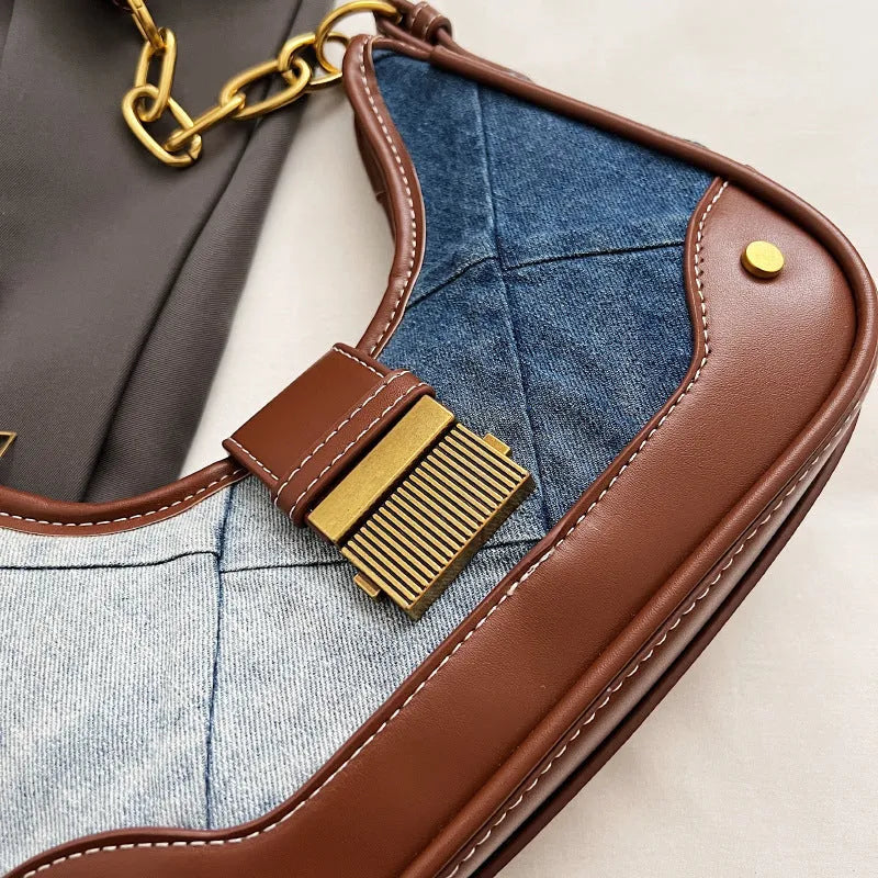 Brown denim women's bucket shoulder bag with chain straps and diamond mesh detailing