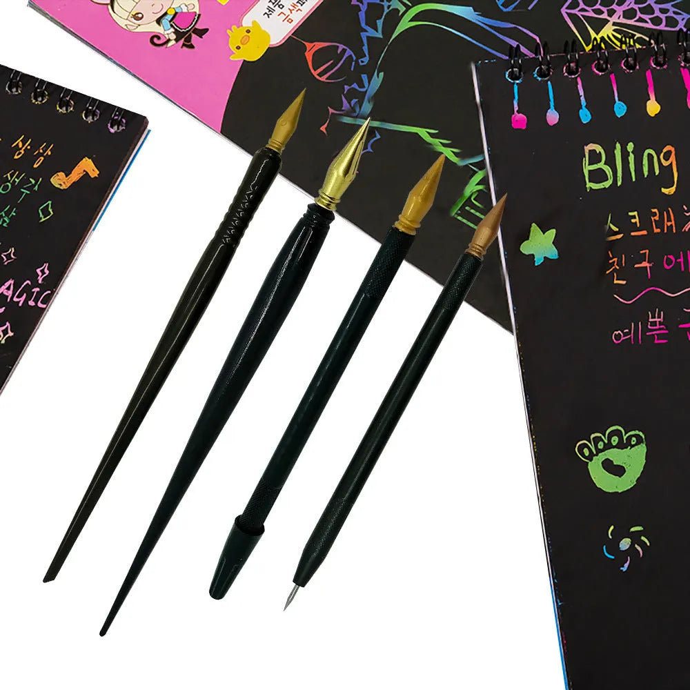 Black plastic scratch art pen tool for children's drawing and scratch paper creative projects