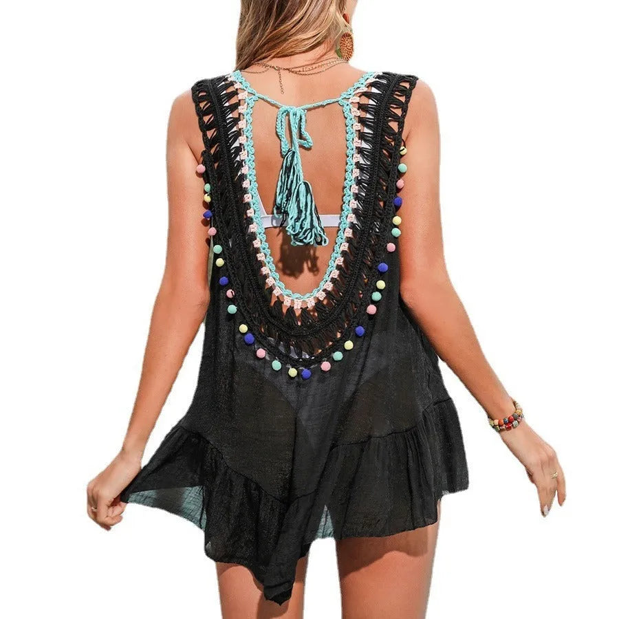Black hand-crocheted beach cover-up vest with cut-out ruffled design for women