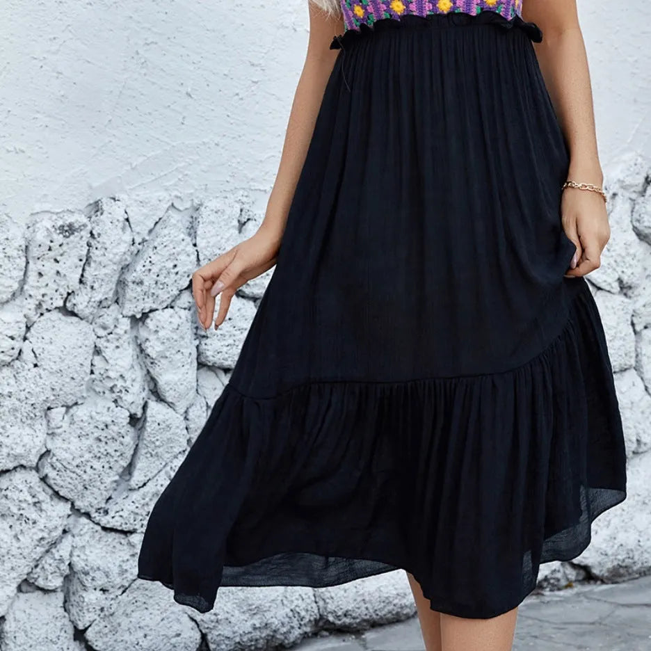Purple sleeveless dress with hand-hooked flower stitching on cotton blend fabric, free size for women