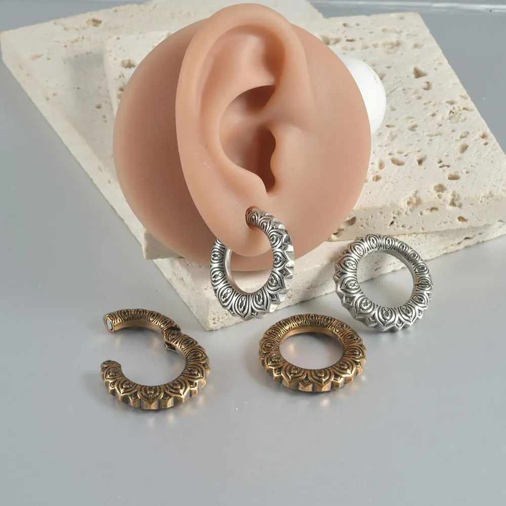 Retro geometric earrings with large copper auricle and hollow-out design in antique silver finish