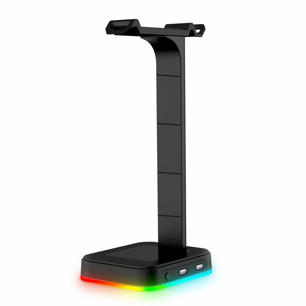 RGB LED headphone display stand with dual USB ports in front, shown in acrylic black finish.