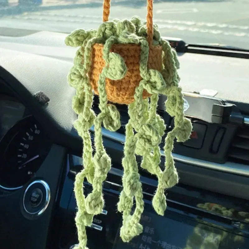Knitted wool car plant decoration with green and white pattern, 8cm basin and hanging cord