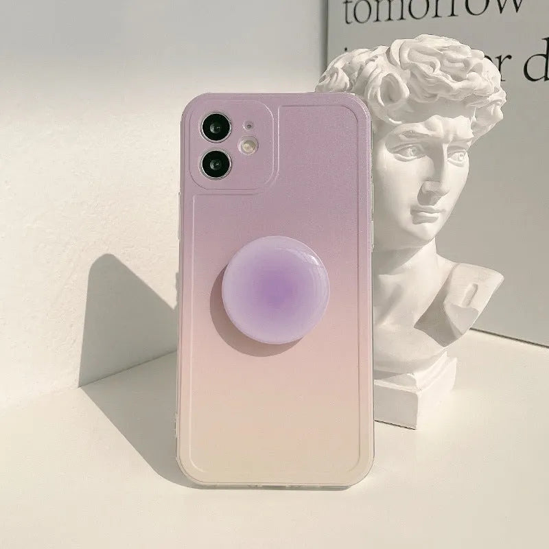 Yellow and purple gradient silicone iPhone case with a retractable X bracket extended.