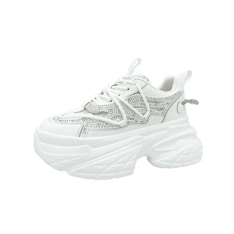Women's mesh breathable platform sneakers in black, low-top lace-up design with mid heel