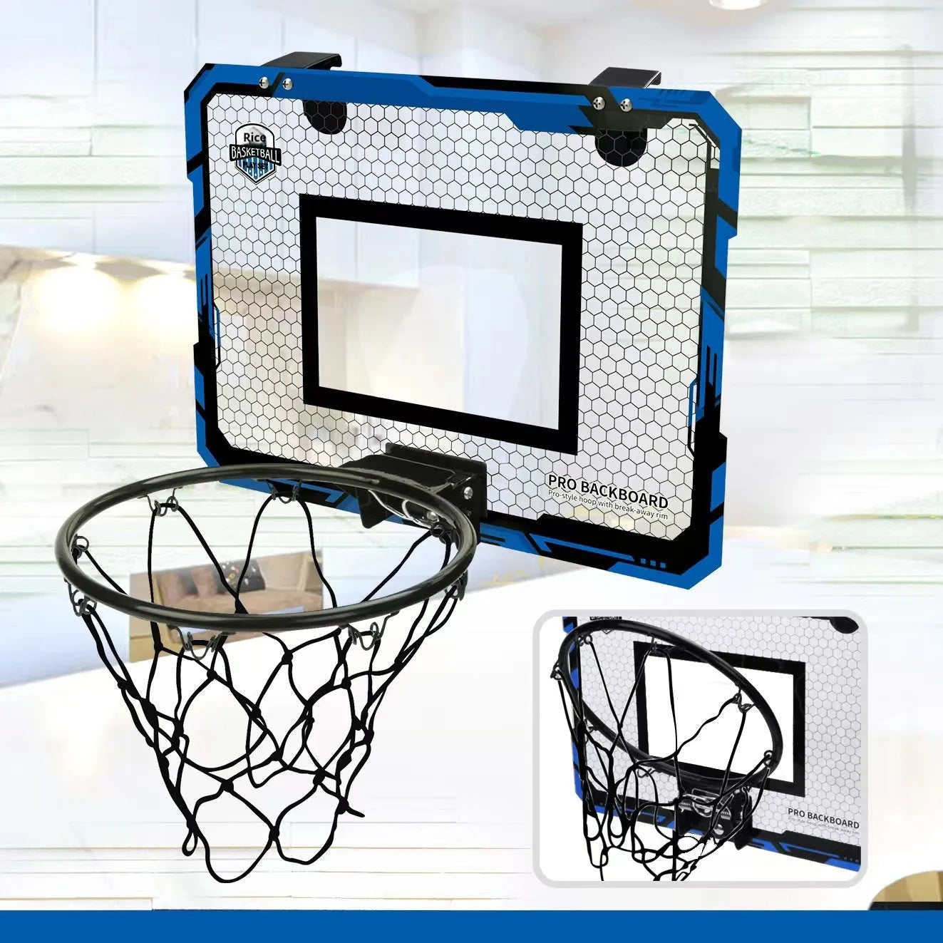 Red and blue folding basketball frame with dunking hoop and ball storage rack, shown with suction cups and hook.