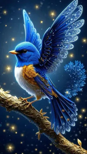 Blue bird shaped rhinestone diamond painting on a 60x100cm acrylic canvas with internal frame
