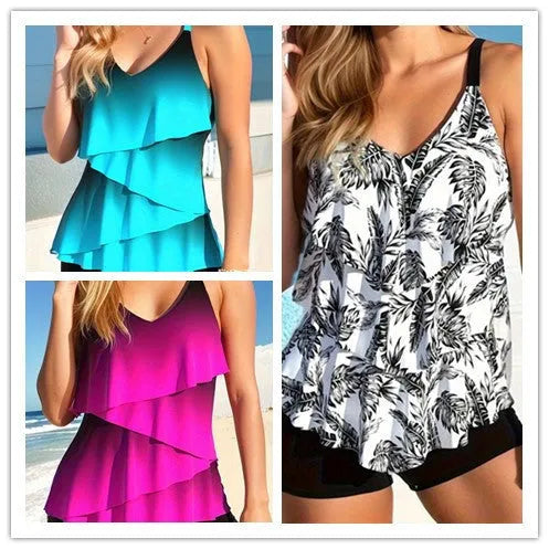 Women's split printed bikini swimsuit in polyester spandex, available in lake blue, dark pink, or colourful prints, sizes S to 3XL