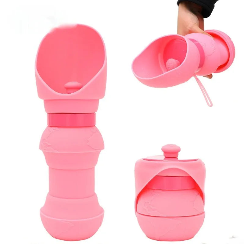 Silicone pet folding water cup shown in open and collapsed states, in assorted colours.