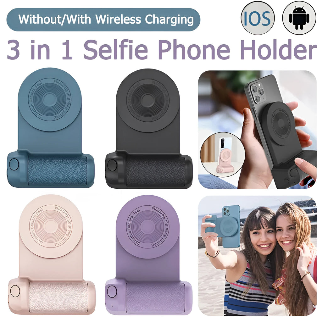 Black magnetic camera handle phone bracket with rotatable grip on wooden table