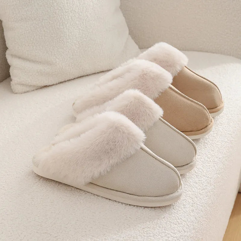 Women's brown plush winter slippers with artificial wool lining and anti-slip PVC sole shown from side view