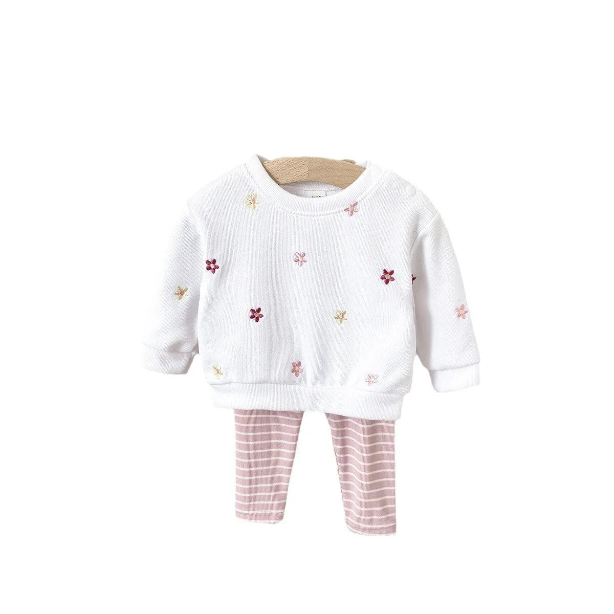 White baby girl floral embroidered pullover sweatshirt suit with matching pants, polyester fibre fabric