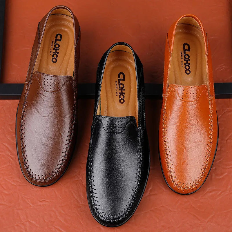 Men's round toe casual leather shoes in cowhide with a flat rubber sole, shown in multiple colour options.
