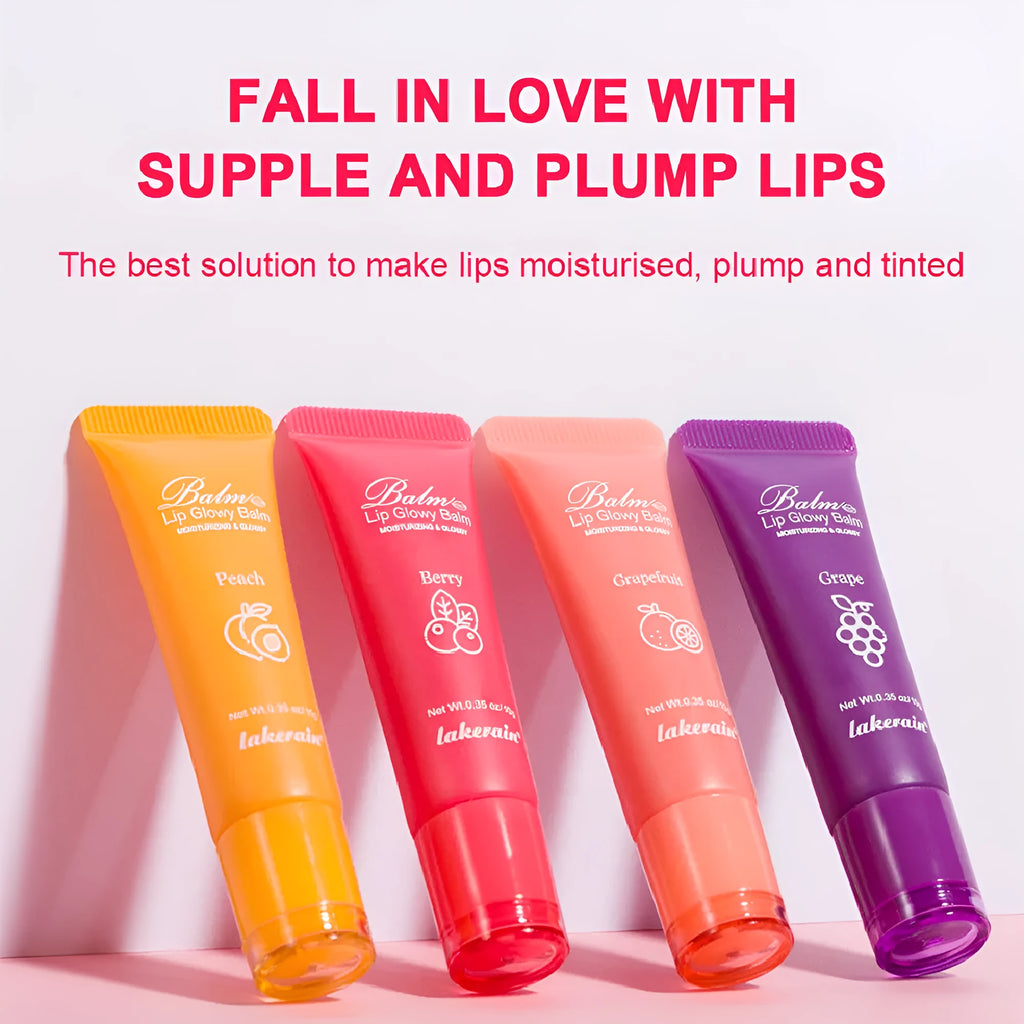 Women's Fruit Flavour Lip Gloss in Yellow Peach, Berry, Grapefruit, and Grape colours.