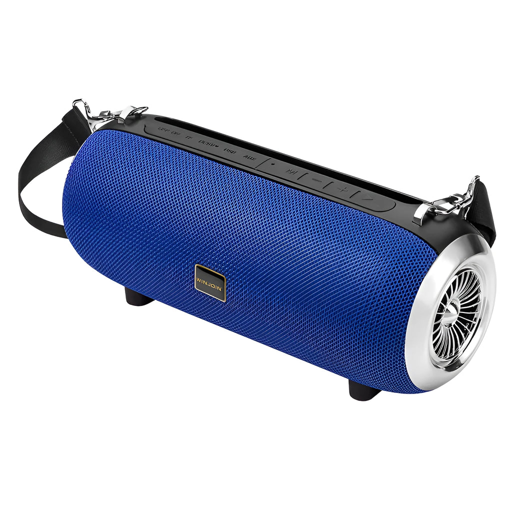 F666 portable fabric square Bluetooth speaker with shoulder strap shown in black, blue, camouflage, or red.