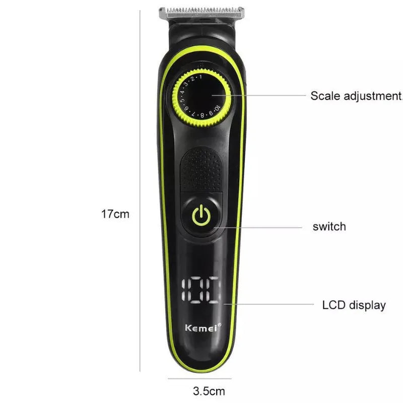 Black KM-696 household rechargeable electric hair clipper set with USB cable, grinding head, and cleaning brush.