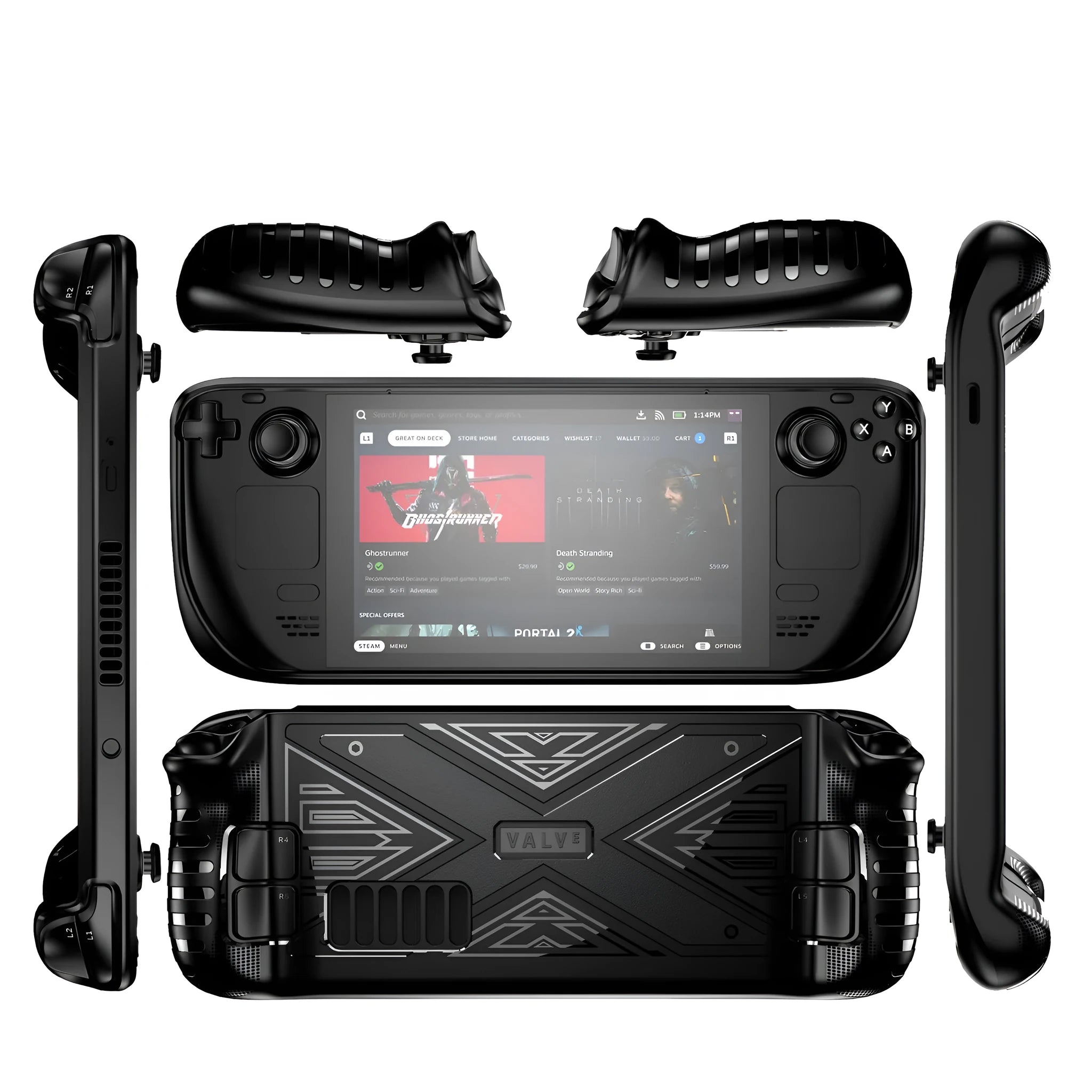 Red TPU silicone soft protective case for a Steam Deck handheld game console.