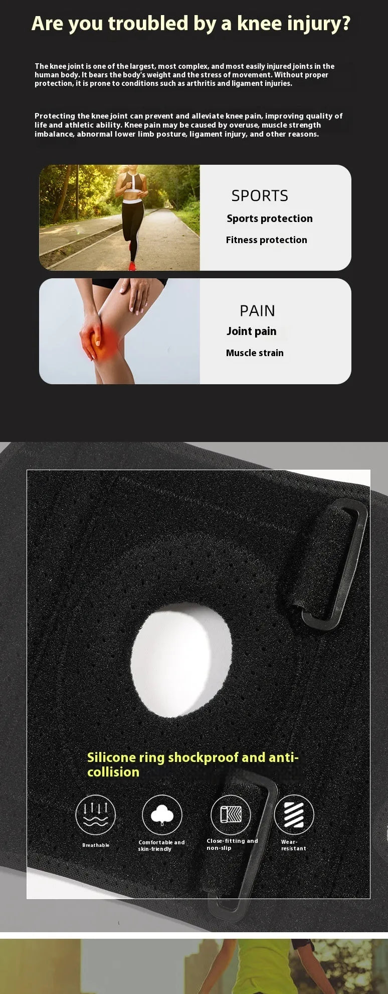 Black silicone non-slip knee pad for outdoor sports running cycling adult protective gear
