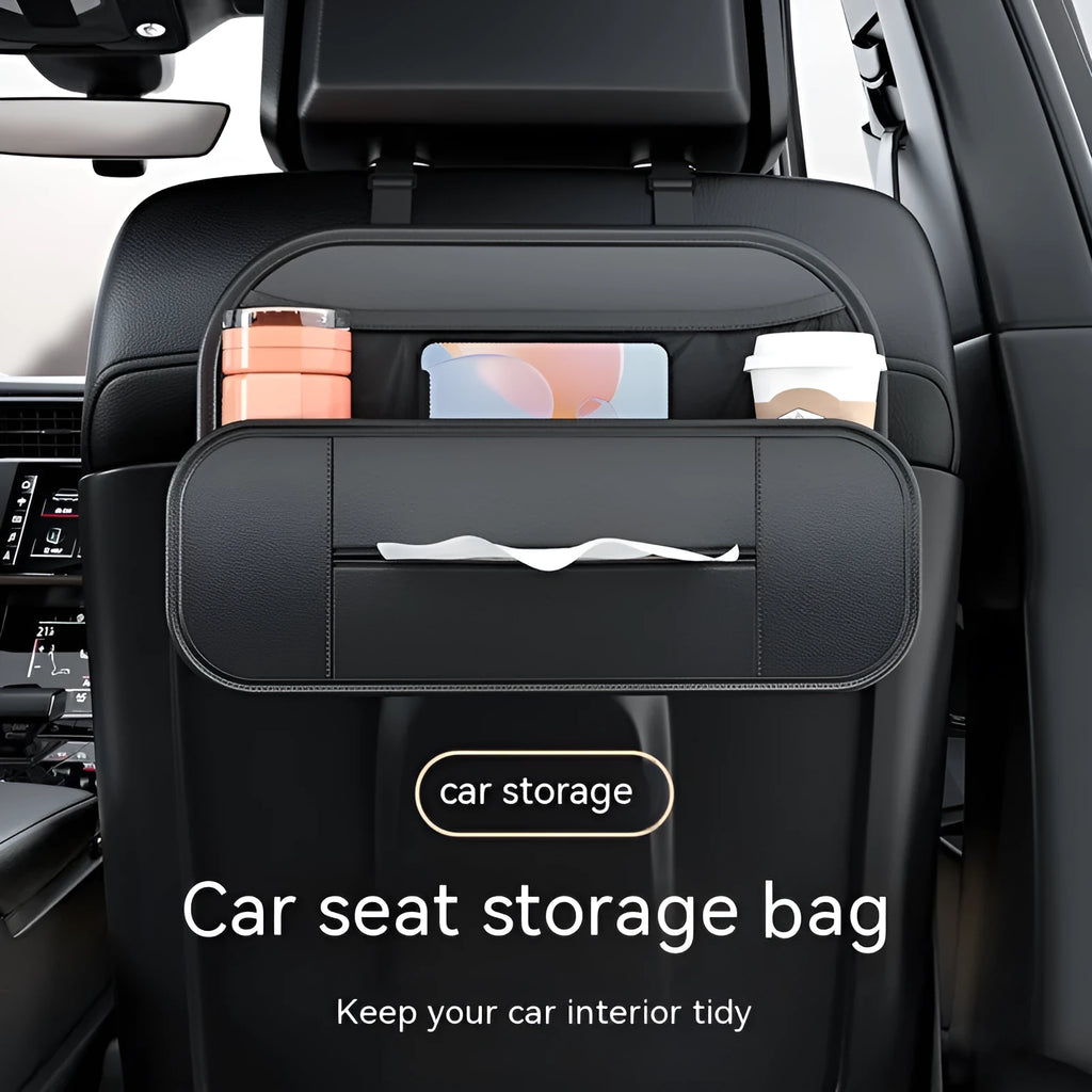 Black leather car seat rear storage bag organiser with 36x8x24cm dimensions