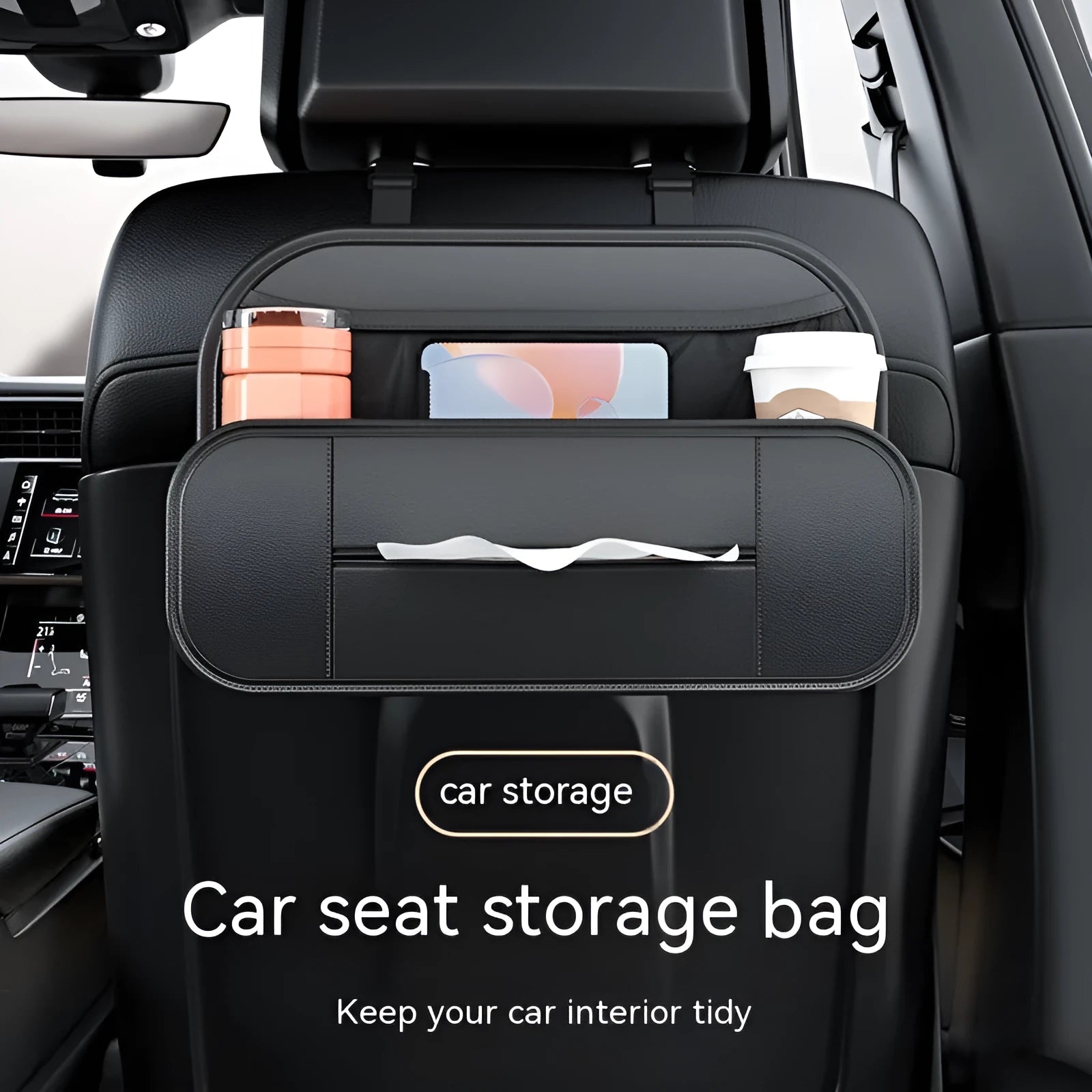 Black leather car seat rear storage bag organiser with 36x8x24cm dimensions