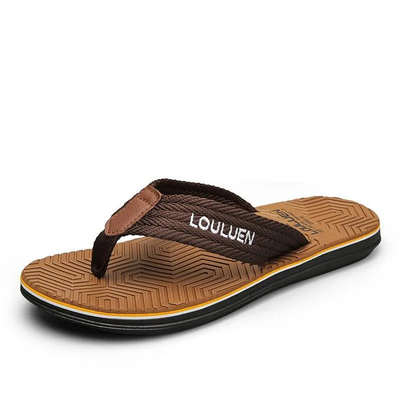 Men's open-toe flip flops in black, khaki, or green with a textured non-slip sole.