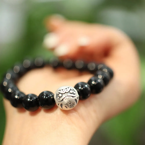 Handmade black agate and sterling silver bracelet with 10mm beads and Chinese style.