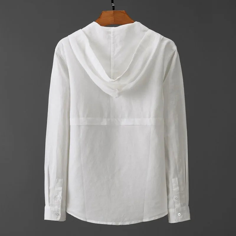 Men's hooded striped long sleeve shirt with wool lining, plus size, in white black gray sky blue apricot