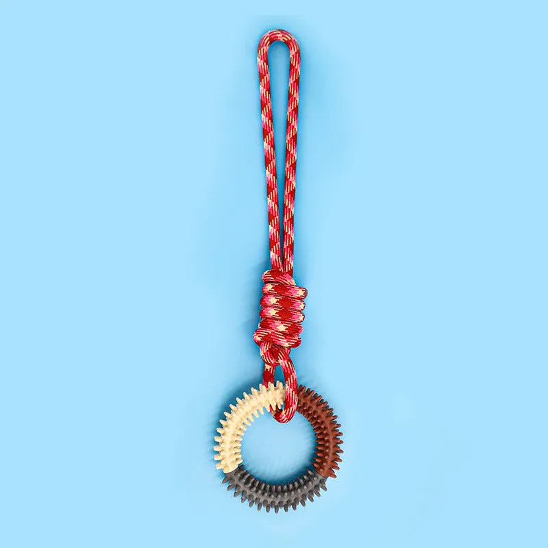 Blue braided rope knot dog toy showing knotted design and textured surface