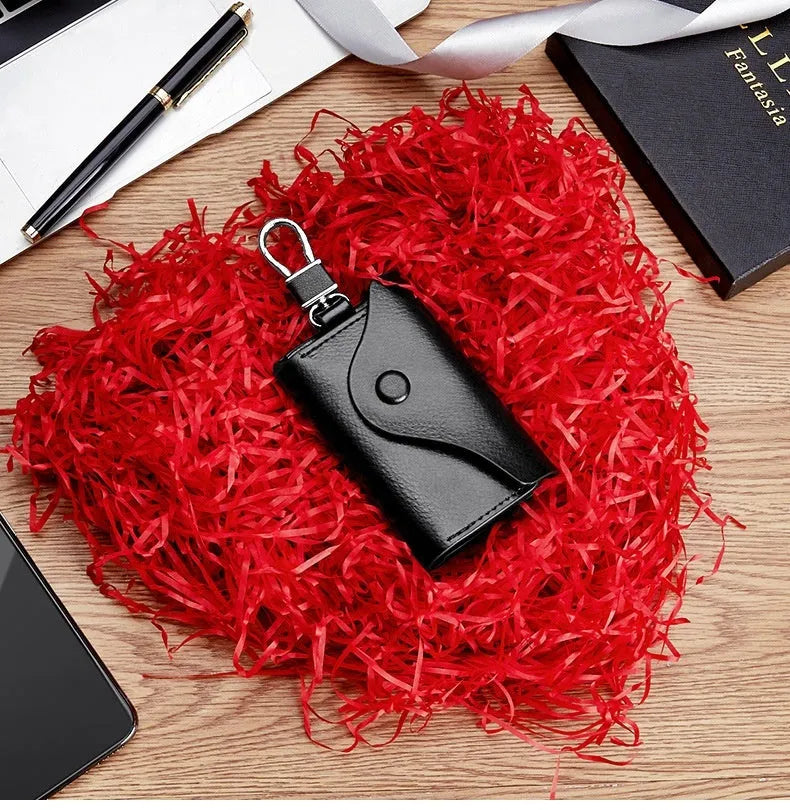 Korean-style square vertical genuine leather keycard holder showing internal key mapping structure
