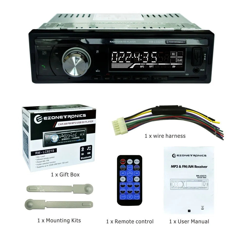 Car Bluetooth stereo receiver with front auxiliary input, USB and SD card slots on display