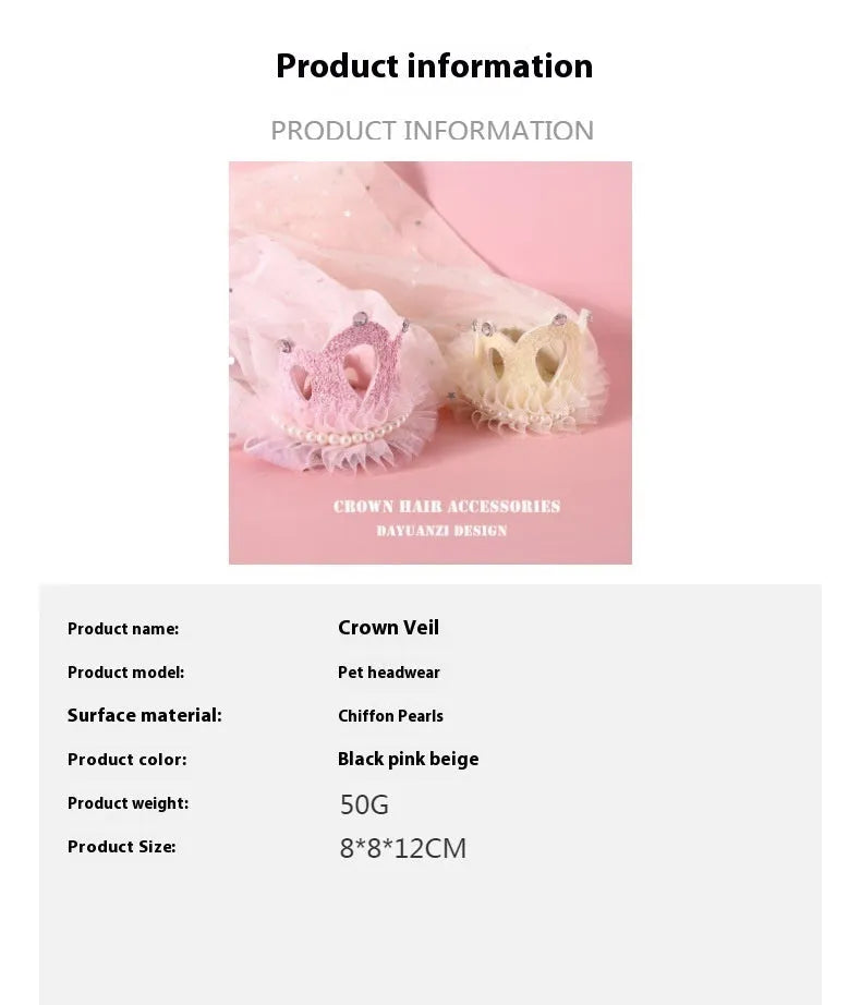Princess crown headdress for cats in cotton polyester with veil options