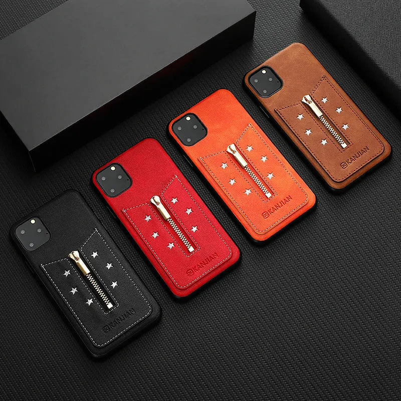 Black PU leather zipper phone case for iPhone with card slots and RFID blocking