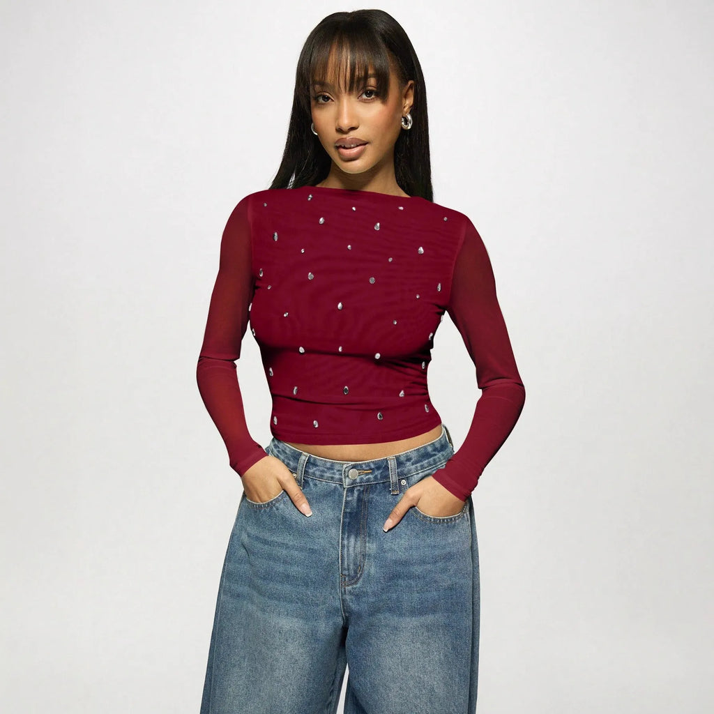 Wine red women's long sleeve mesh rhinestone bottoming top pullover