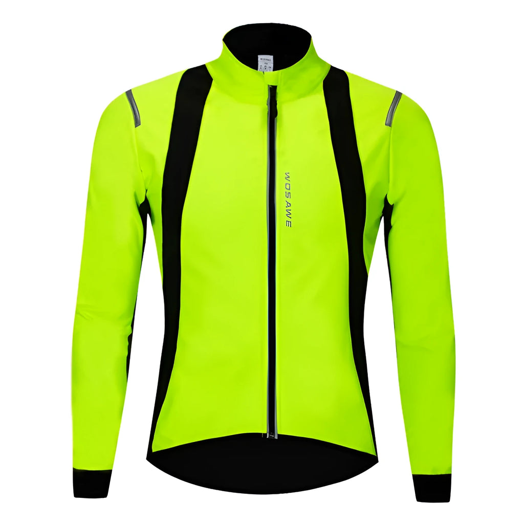Unisex soft shell thermal fleece cycling jacket in black with green, side view