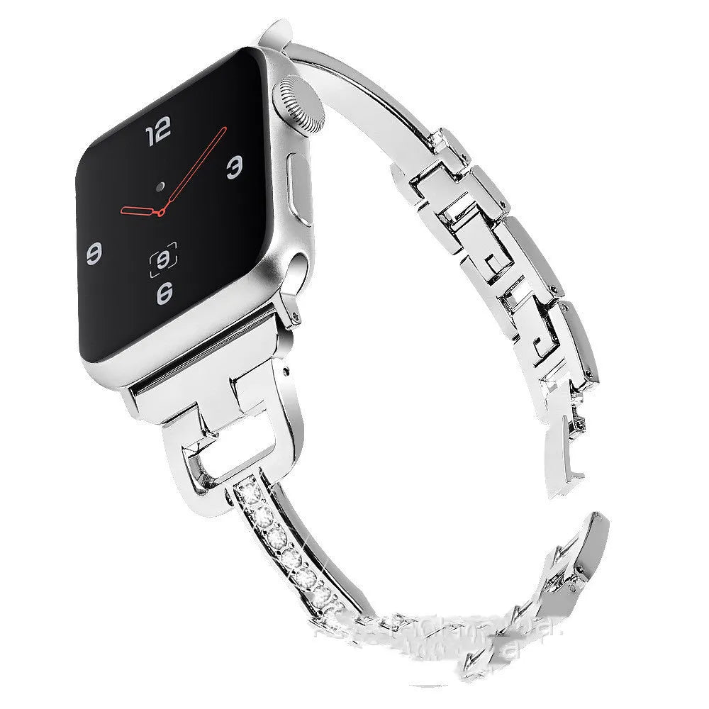 Apple Watch compatible smart watch with metal diamond-pattern strap in silver colour
