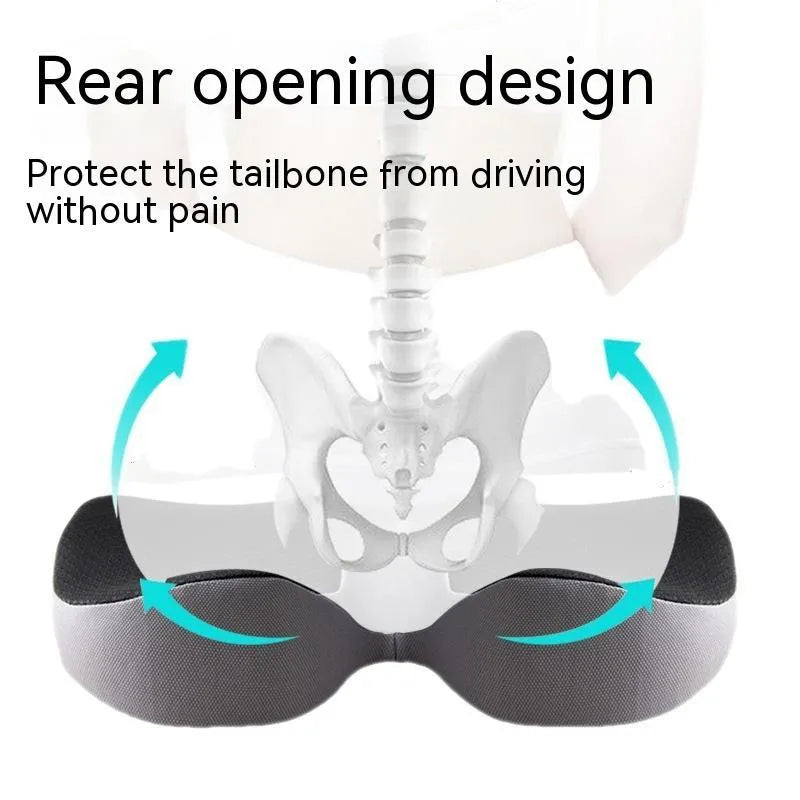 Curved bevel seat cushion in beige colour on a car seat, designed for tailbone support.