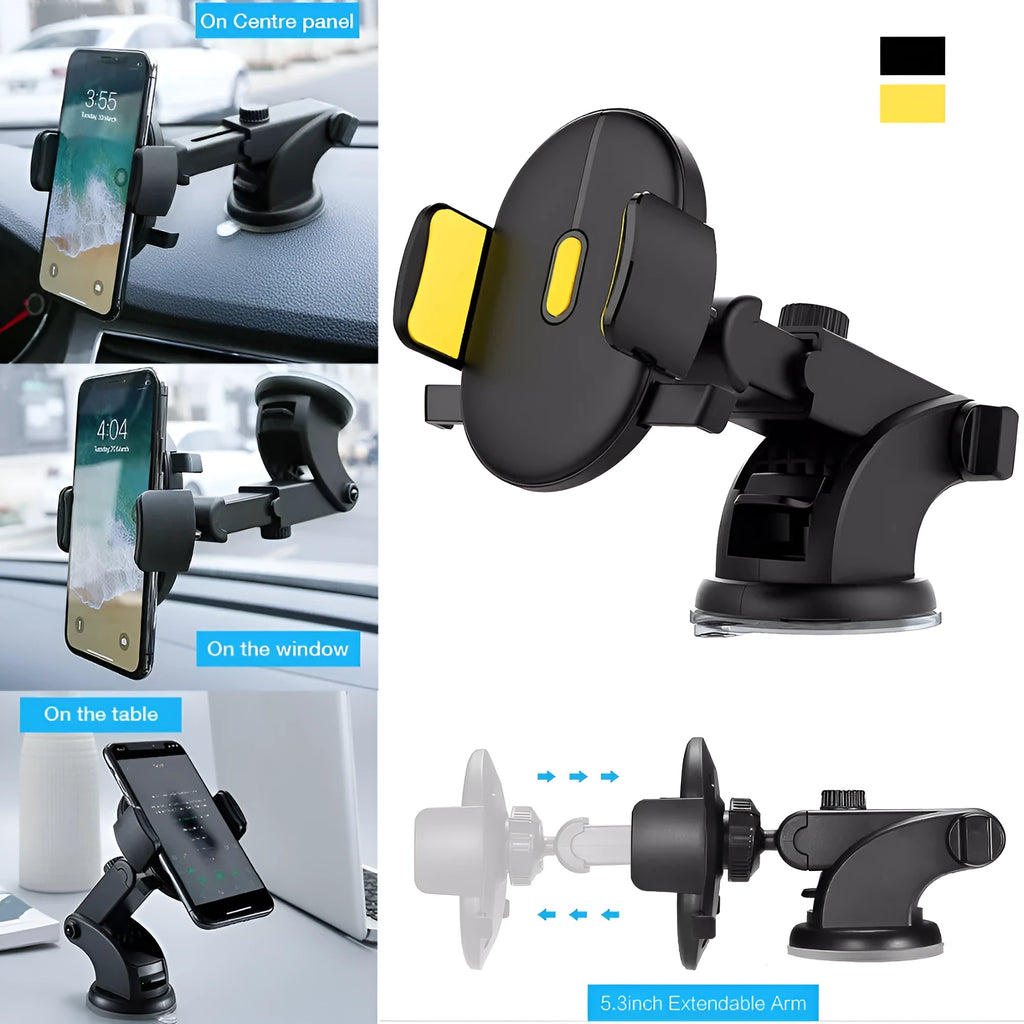 Yellow and black telescopic car phone holder with suction cup mount on a dashboard