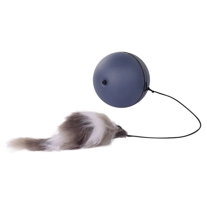 Interactive cat toy ball with attached plush mouse in blue and orange colour options
