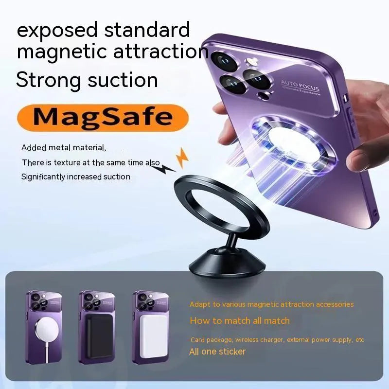 Frosted glass metal frame phone case for iPhone 15 ProMax in dark purple with camera lens protector